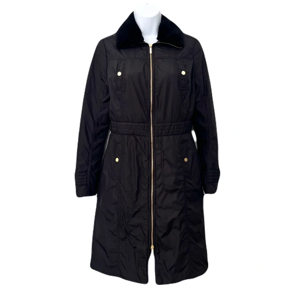 Tory Burch Black Coat with Removable Faux Fur Collar, Size 2